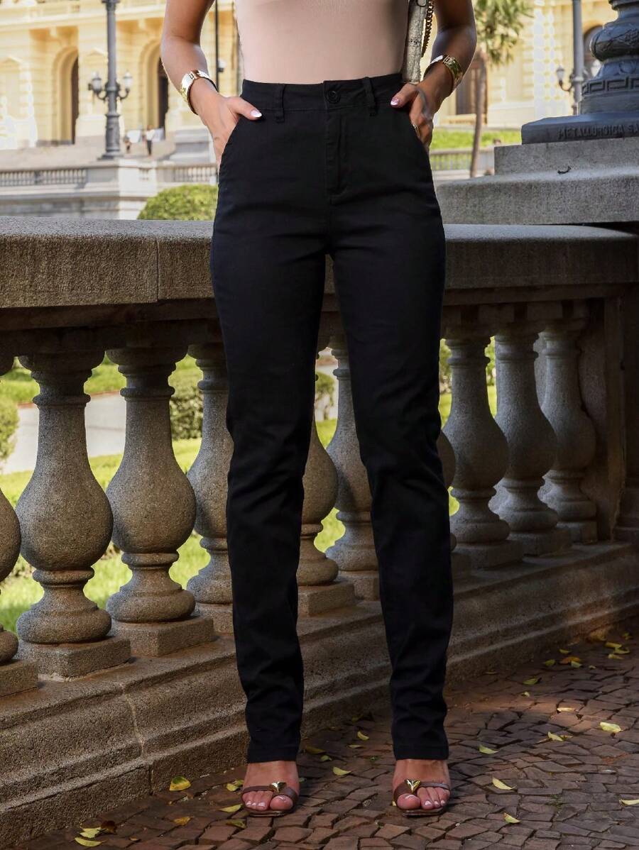 Calça Sarja Alfaiataria Modelagem Reta Areia/Preto/Branca/Caqui Cintura Alta Feminina