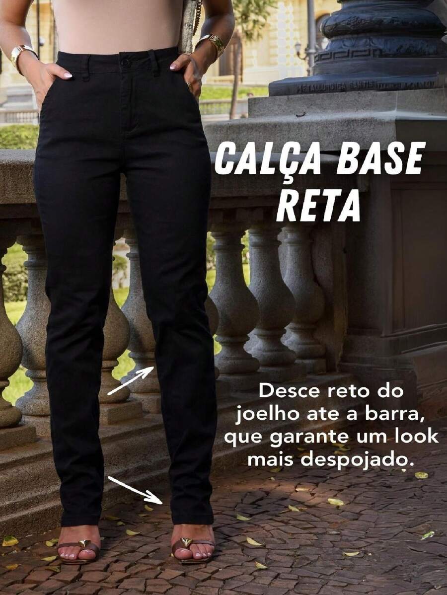 Calça Sarja Alfaiataria Modelagem Reta Areia/Preto/Branca/Caqui Cintura Alta Feminina