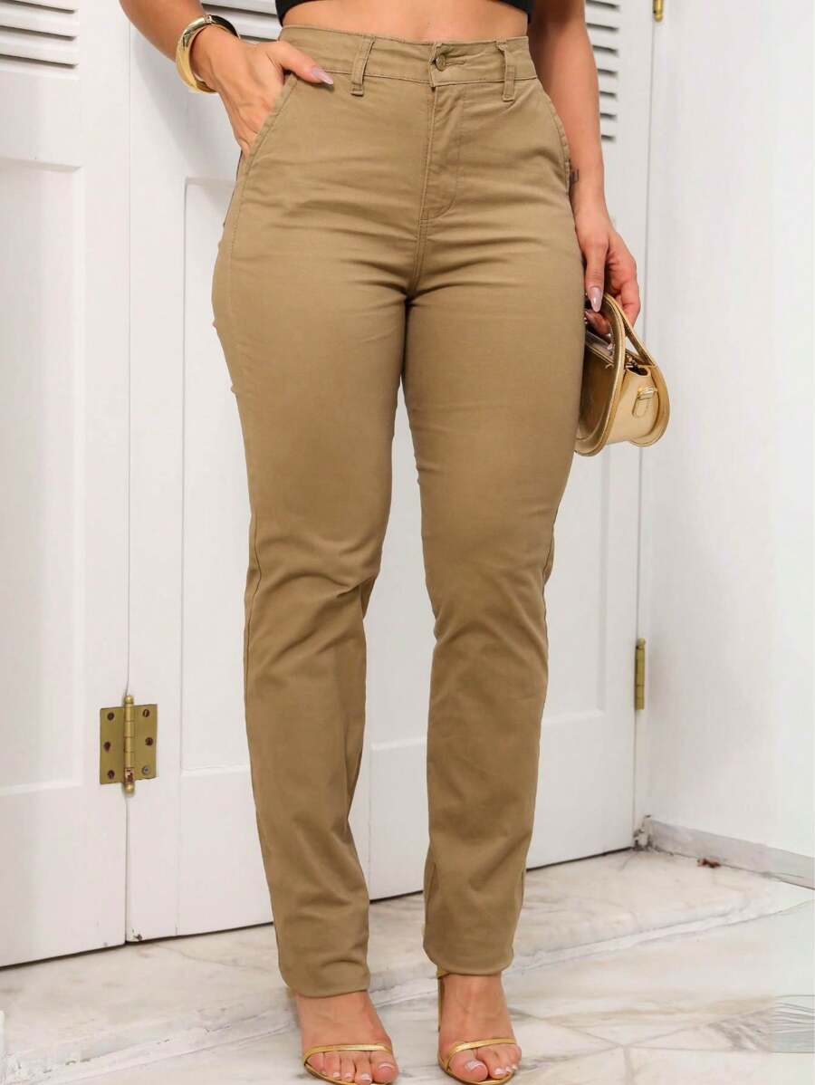 Calça Sarja Alfaiataria Modelagem Reta Areia/Preto/Branca/Caqui Cintura Alta Feminina