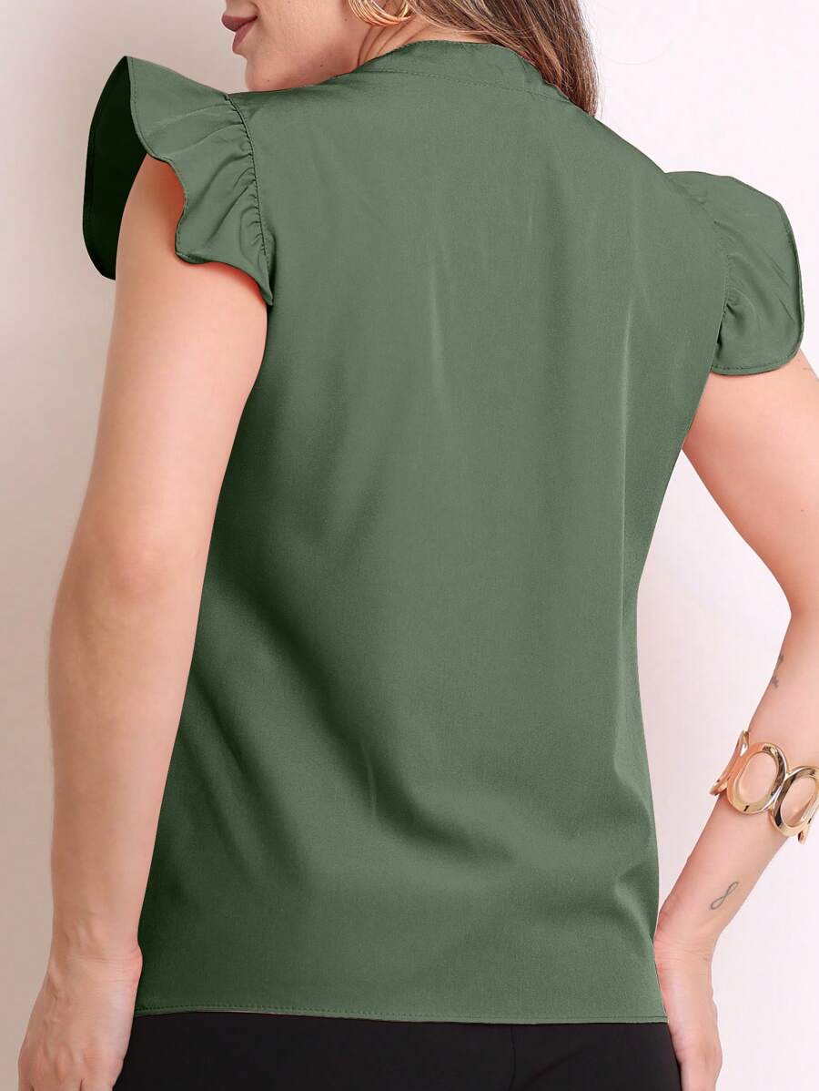 Blusa Feminina cor sólida clássica com Babado V Elegante Com Manga Decote Entalhado
