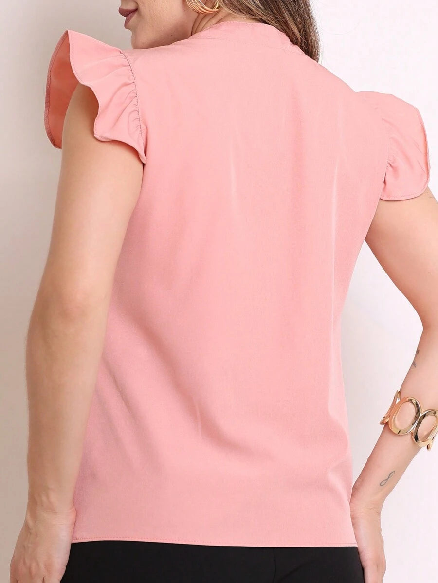 Blusa Feminina cor sólida clássica com Babado V Elegante Com Manga Decote Entalhado