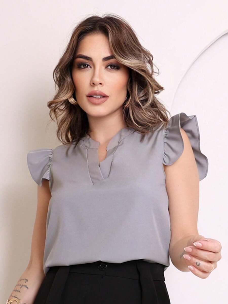 Blusa Feminina cor sólida clássica com Babado V Elegante Com Manga Decote Entalhado