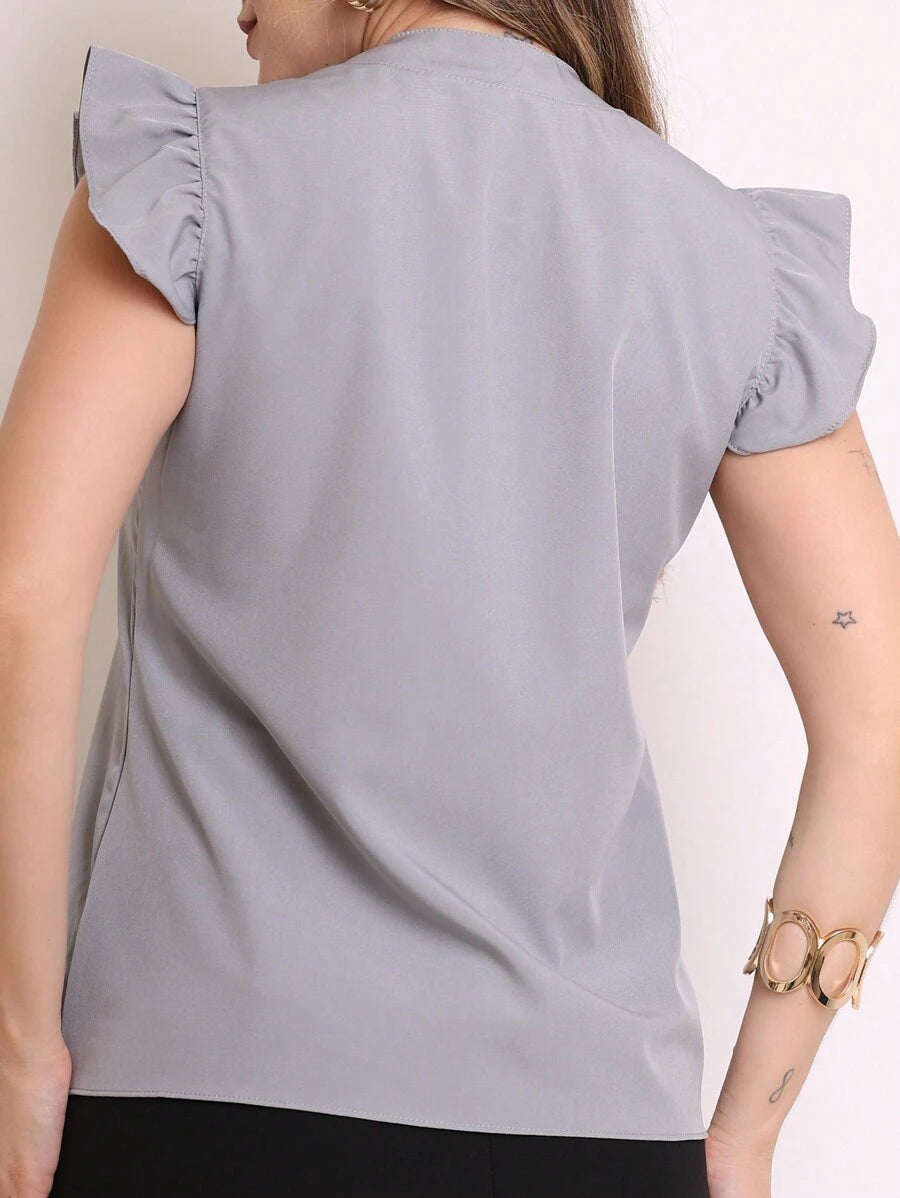 Blusa Feminina cor sólida clássica com Babado V Elegante Com Manga Decote Entalhado