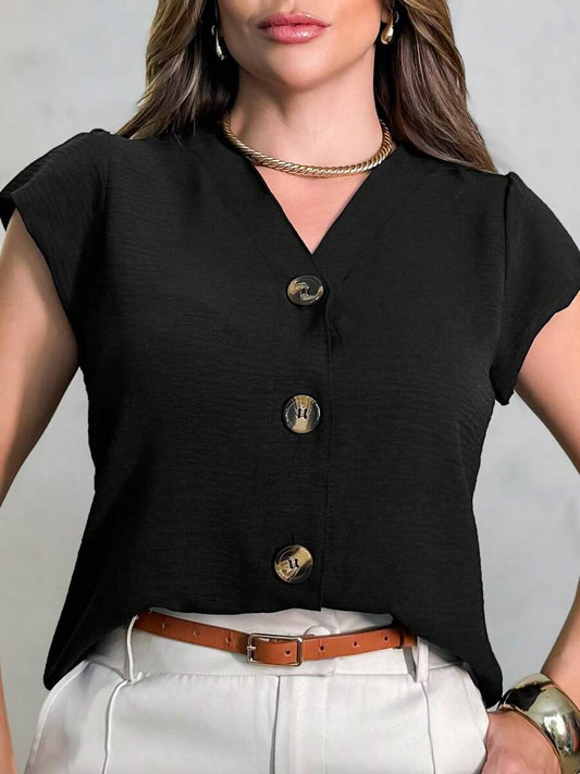 AMY FASHION Camisa Manga Curto Feminina Tecido Duna  com Botao  Lançamento 2023