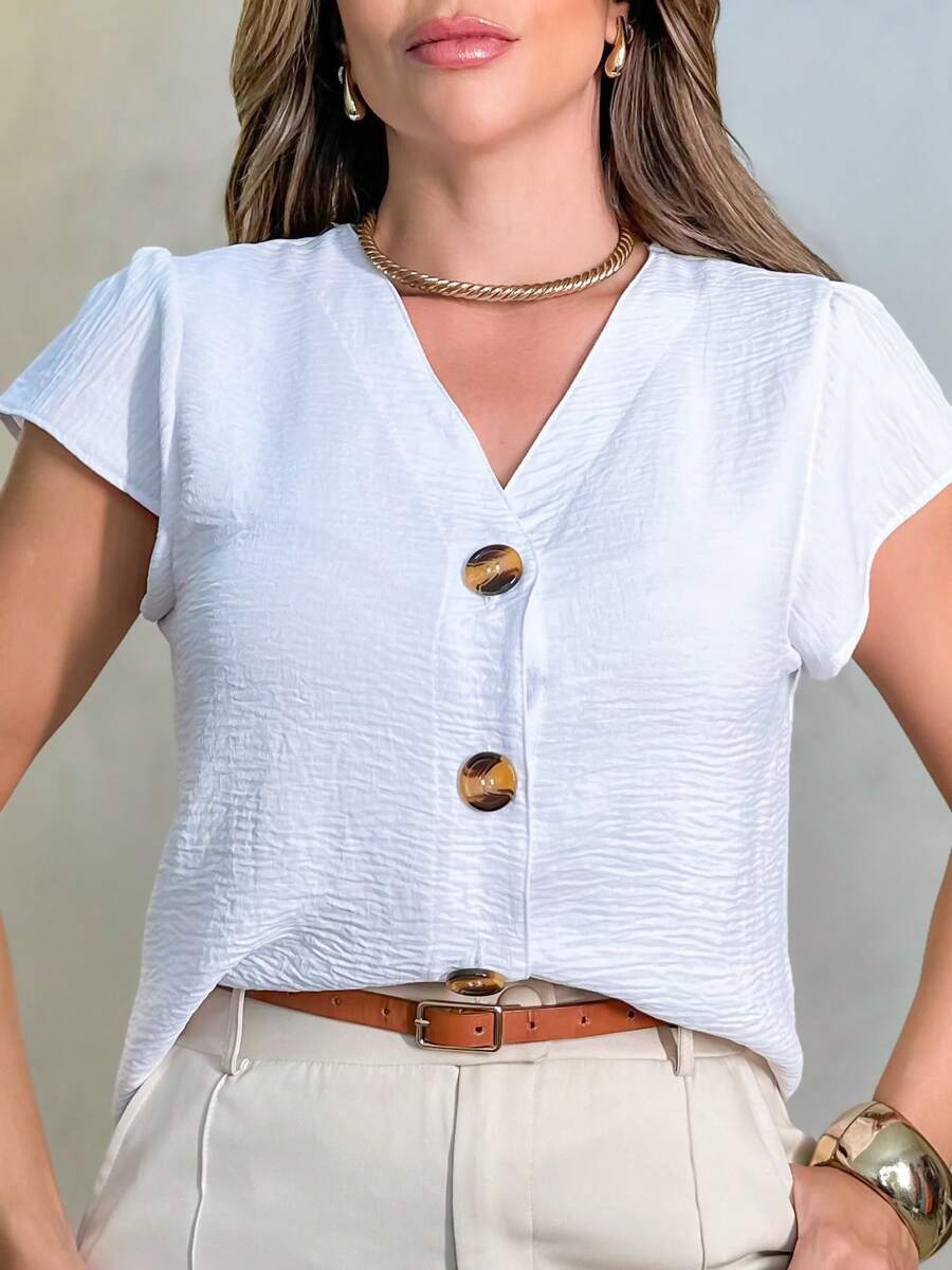 AMY FASHION Camisa Manga Curto Feminina Tecido Duna  com Botao  Lançamento 2023