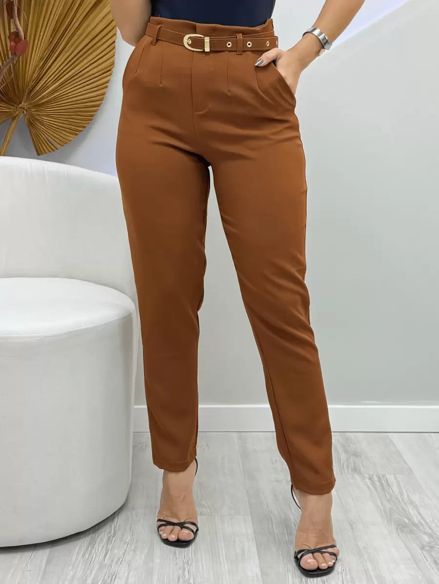 Calça Alfaiataria Feminina Com CintoSimplesCasualeleganteTecidoBolsoZíper