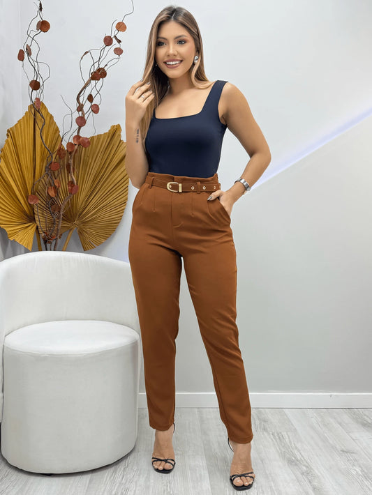 Calça Alfaiataria Feminina Com CintoSimplesCasualeleganteTecidoBolsoZíper