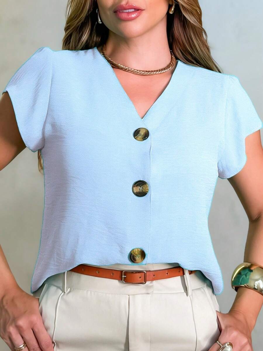 AMY FASHION Camisa Manga Curto Feminina Tecido Duna  com Botao  Lançamento 2023