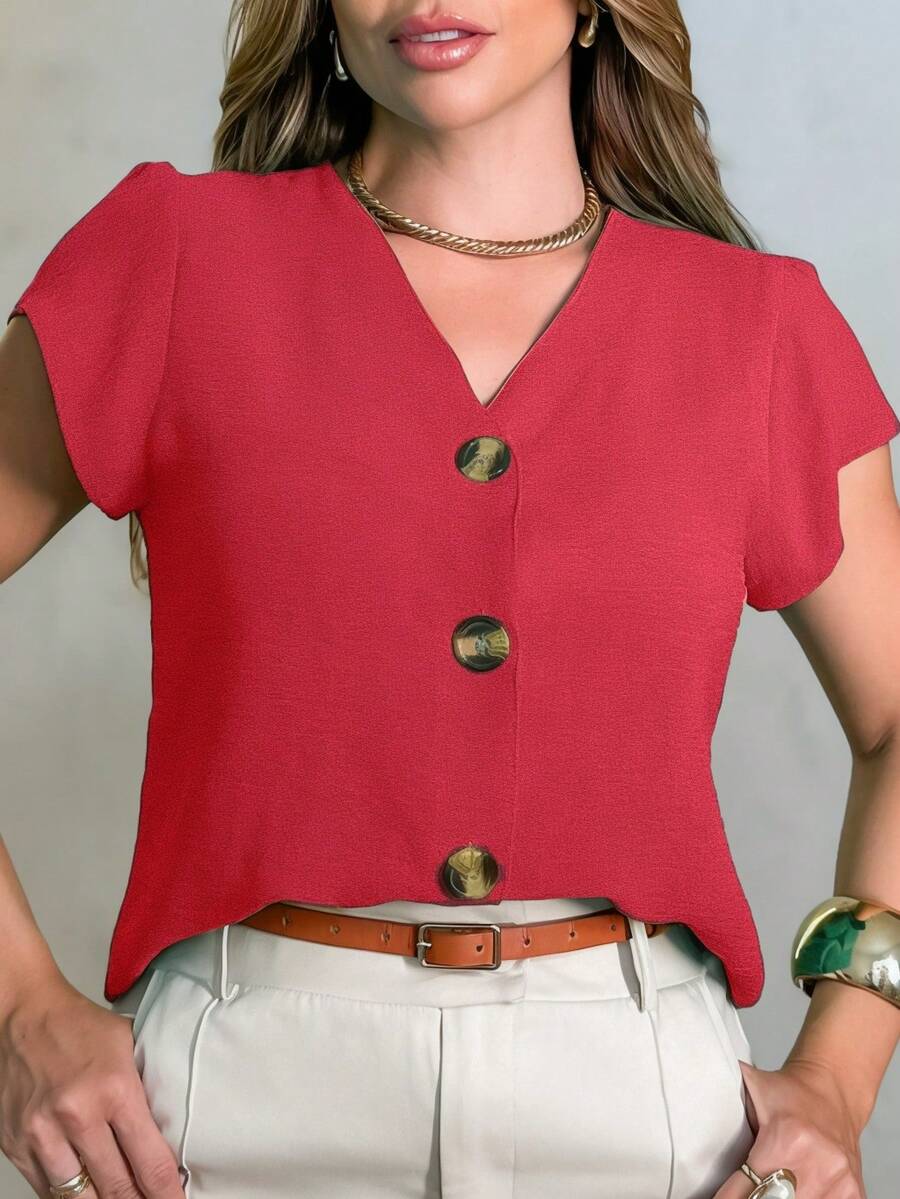 AMY FASHION Camisa Manga Curto Feminina Tecido Duna  com Botao  Lançamento 2023