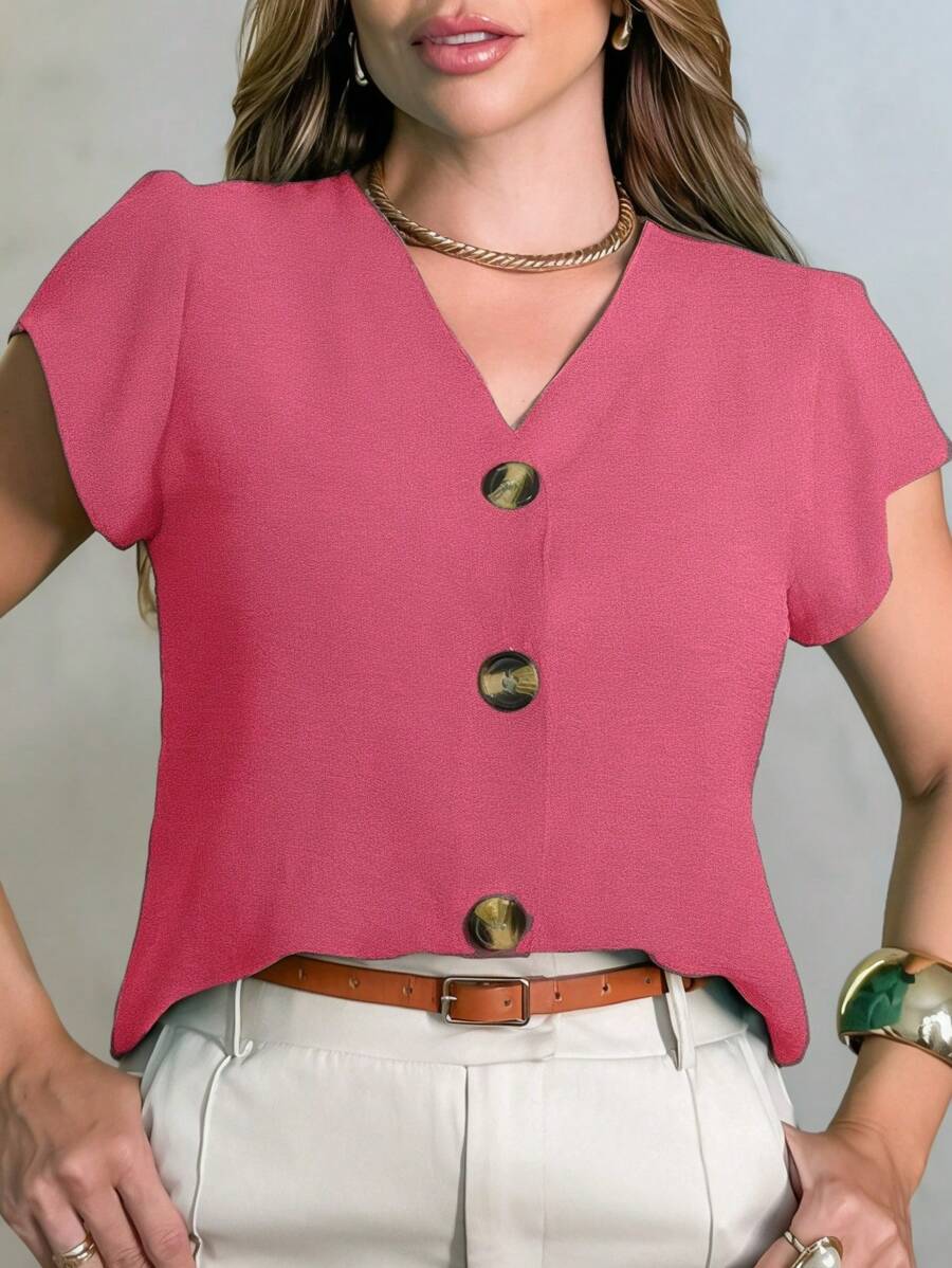 AMY FASHION Camisa Manga Curto Feminina Tecido Duna  com Botao  Lançamento 2023