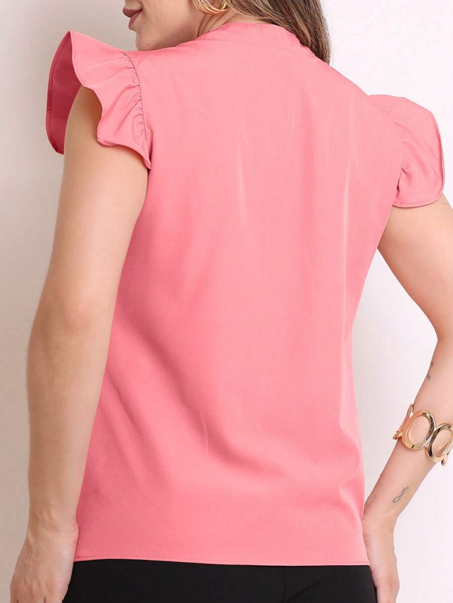 Blusa Feminina cor sólida clássica com Babado V Elegante Com Manga Decote Entalhado