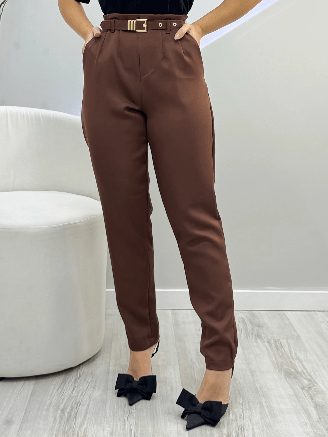 Calça Alfaiataria Feminina Com CintoSimplesCasualeleganteTecidoBolsoZíper