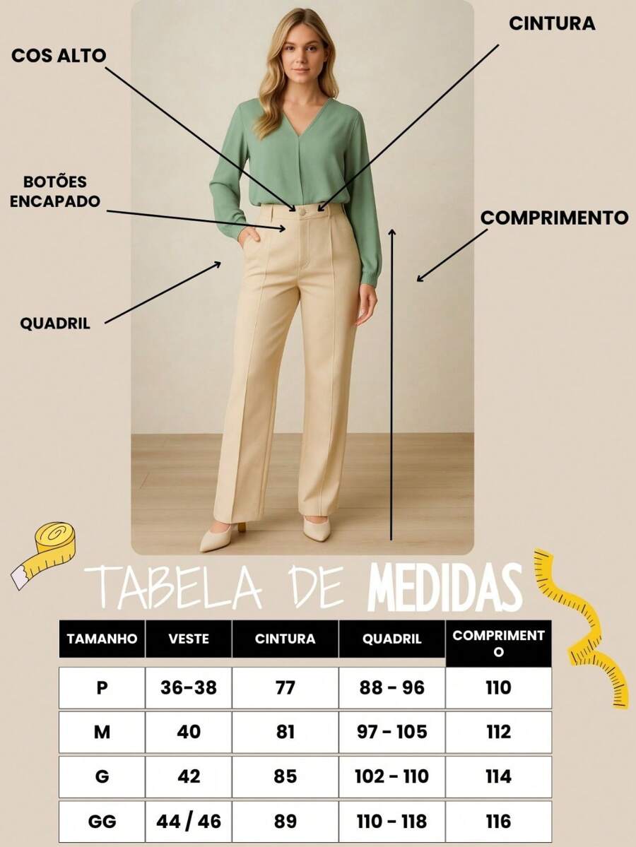 Calça Alfaiataria Feminina Cintura Alta Pantalona Social Chic