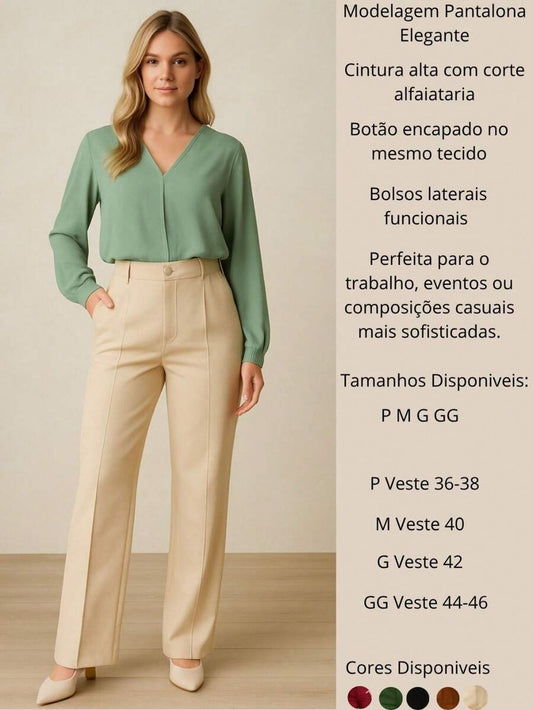 Calça Alfaiataria Feminina Cintura Alta Pantalona Social Chic