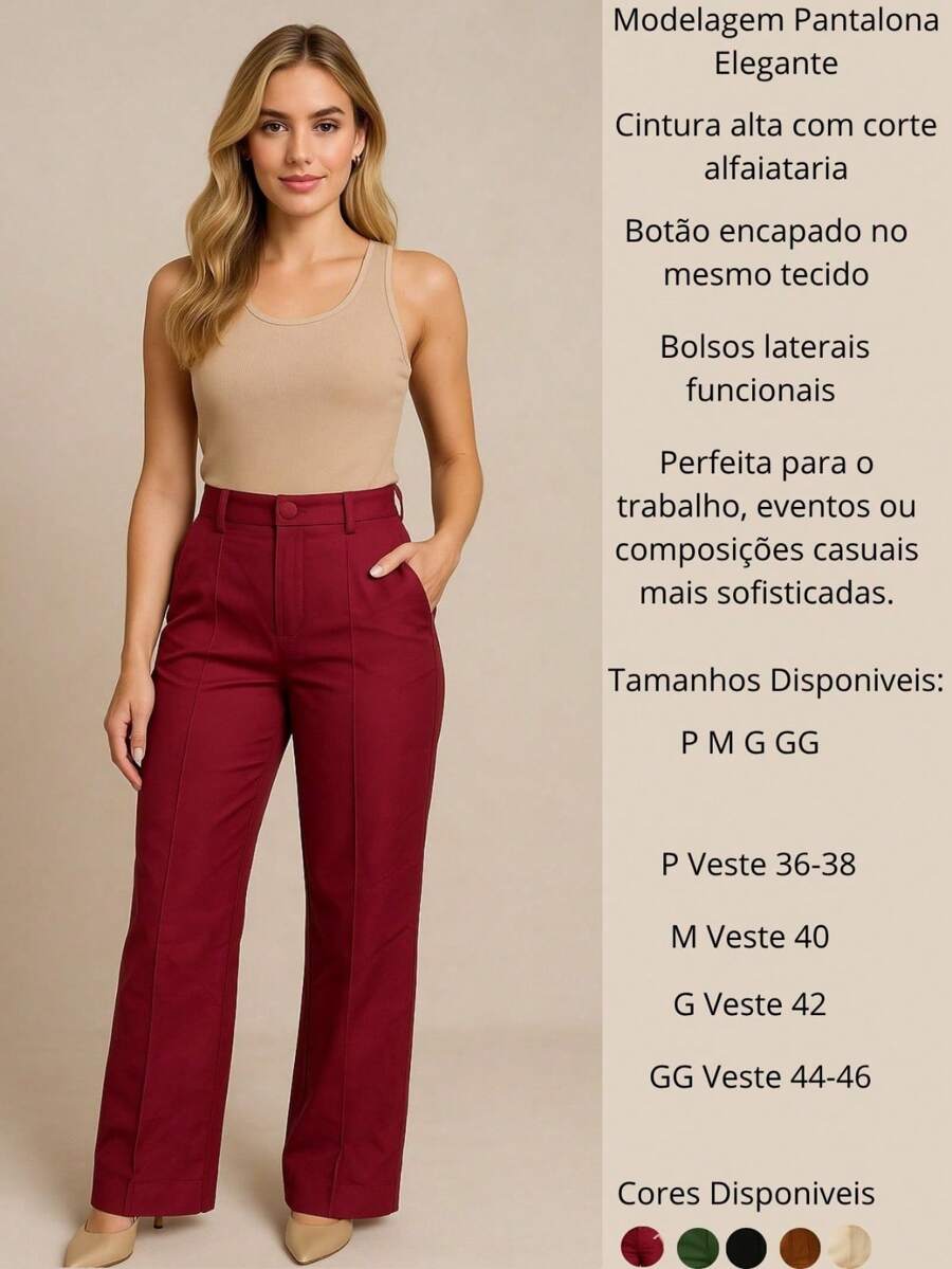 Calça Alfaiataria Feminina Cintura Alta Pantalona Social Chic