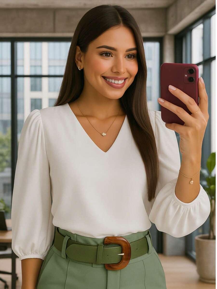 Blusa Crepe Duna Feminina com Manga 3/4 Bufante Plus Size e Slim