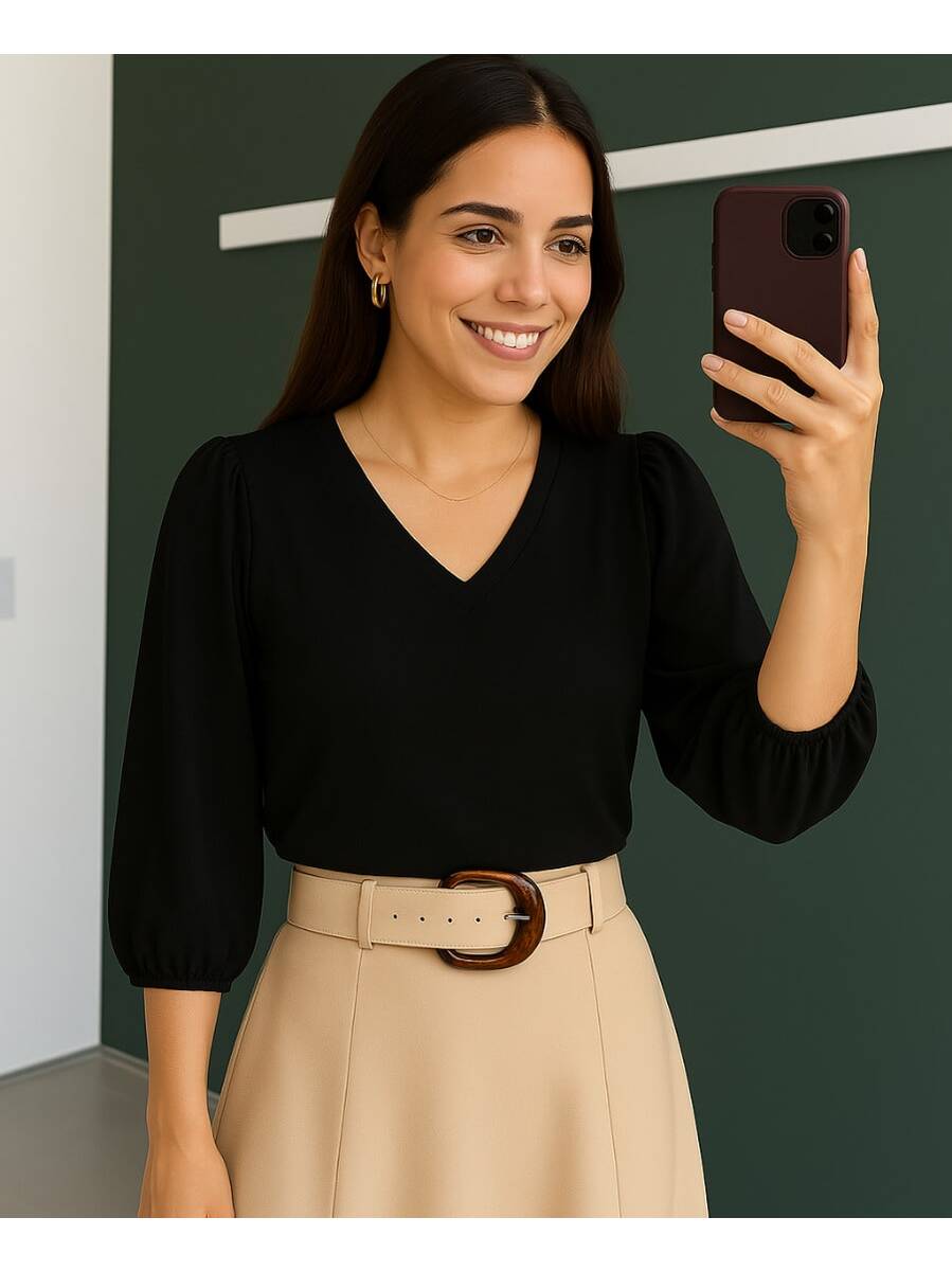 Blusa Crepe Duna Feminina com Manga 3/4 Bufante Plus Size e Slim