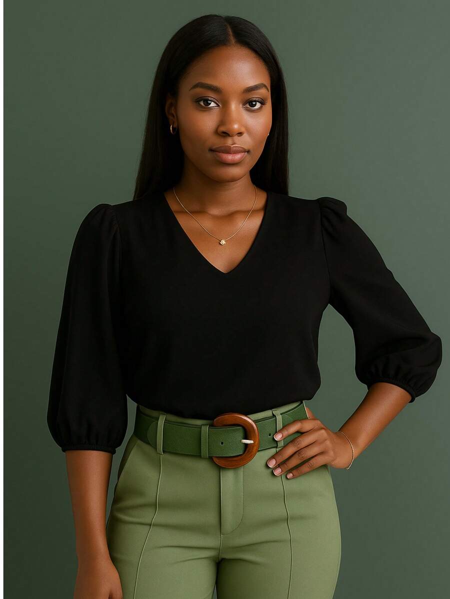 Blusa Crepe Duna Feminina com Manga 3/4 Bufante Plus Size e Slim