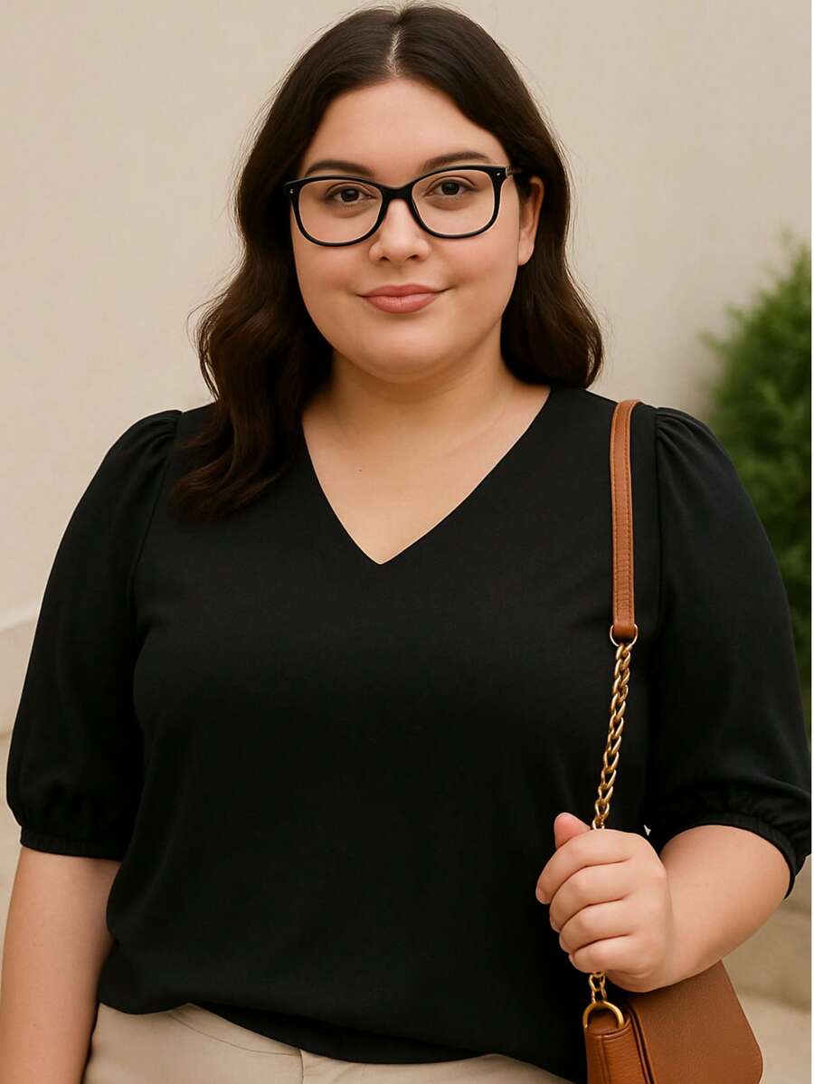 Blusa Crepe Duna Feminina com Manga 3/4 Bufante Plus Size e Slim