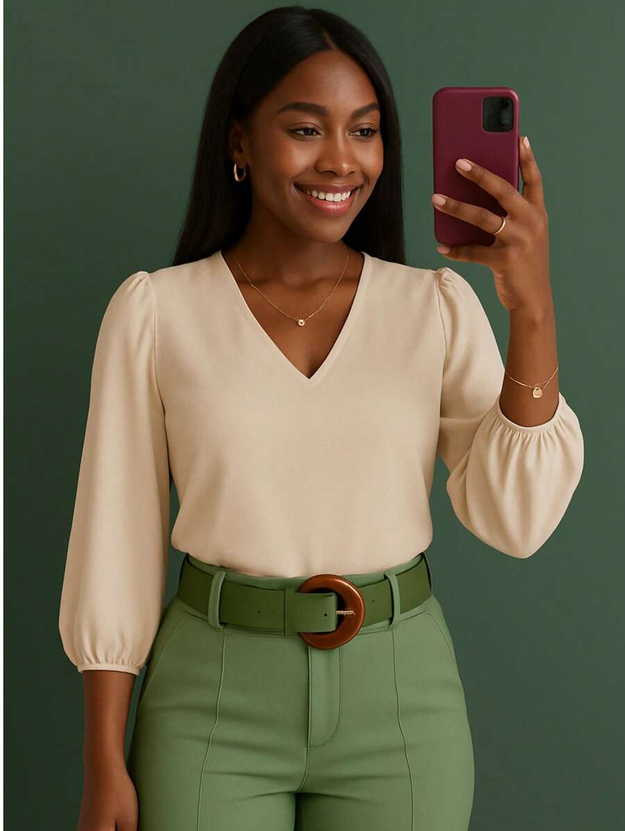 Blusa Crepe Duna Feminina com Manga 3/4 Bufante Plus Size e Slim