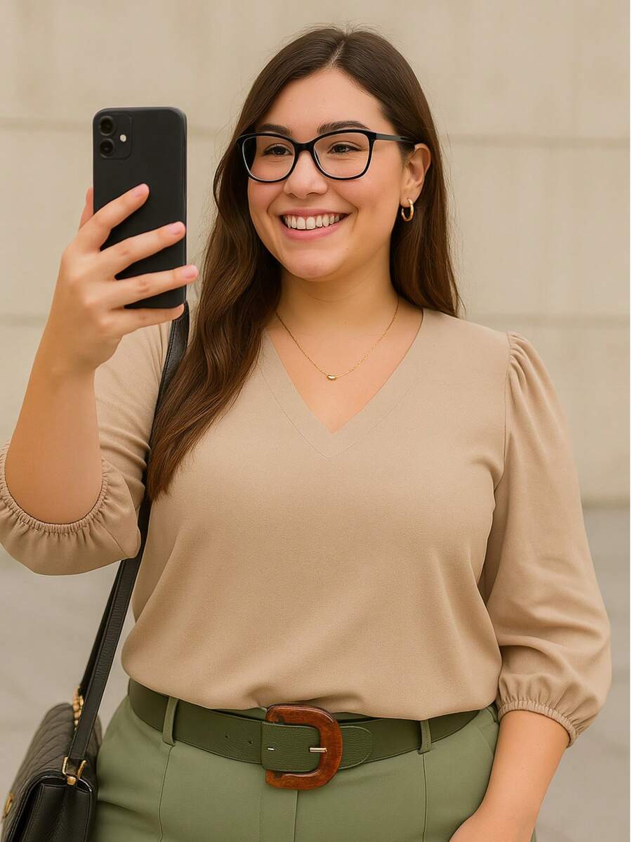 Blusa Crepe Duna Feminina com Manga 3/4 Bufante Plus Size e Slim