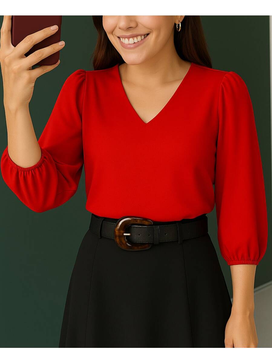 Blusa Crepe Duna Feminina com Manga 3/4 Bufante Plus Size e Slim