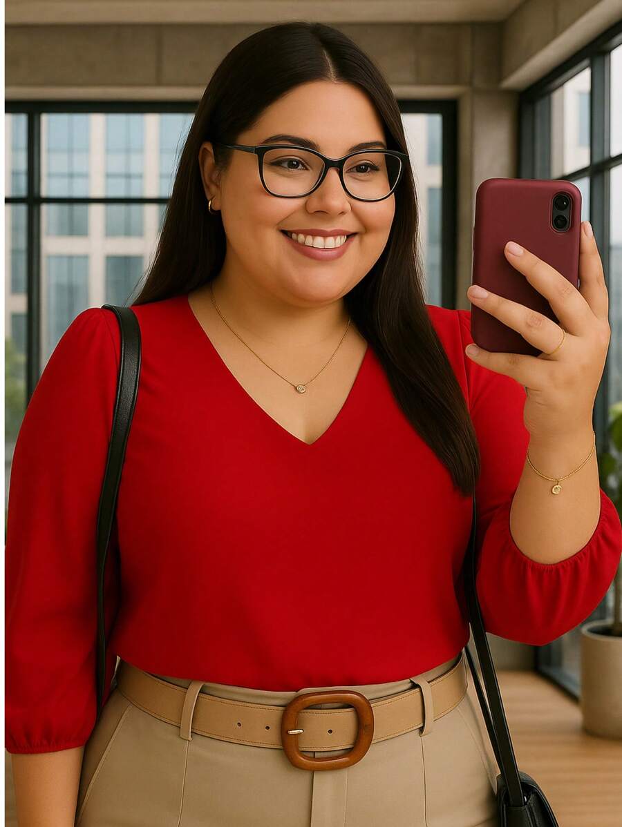 Blusa Crepe Duna Feminina com Manga 3/4 Bufante Plus Size e Slim