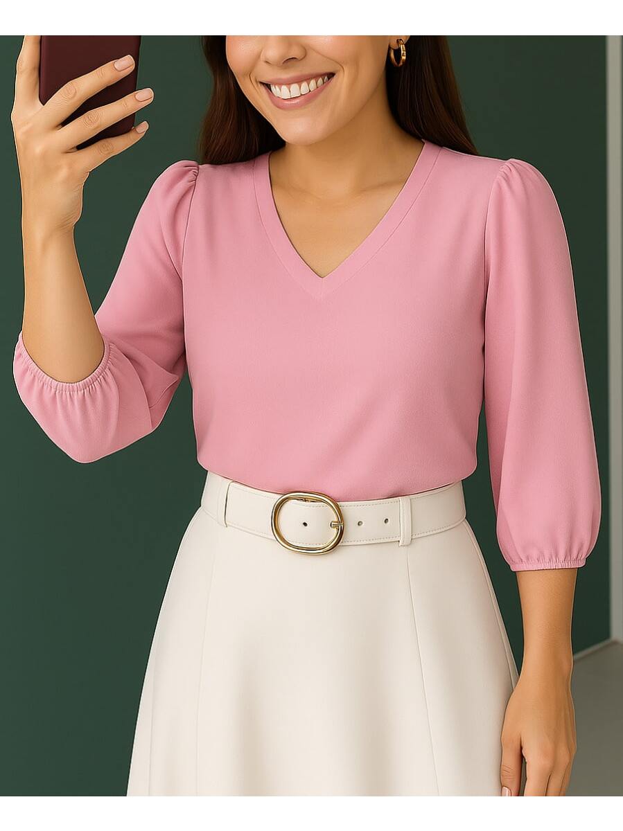 Blusa Crepe Duna Feminina com Manga 3/4 Bufante Plus Size e Slim