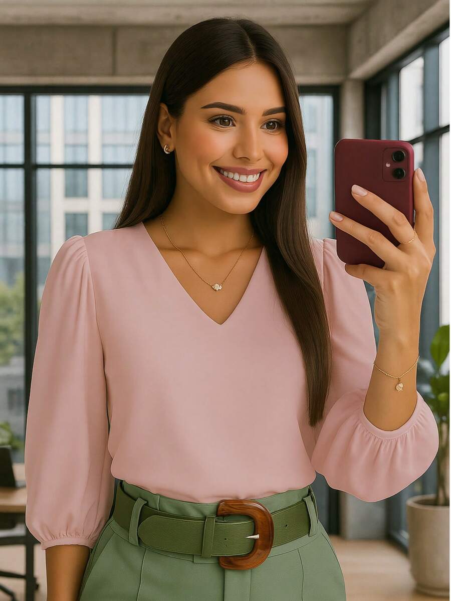 Blusa Crepe Duna Feminina com Manga 3/4 Bufante Plus Size e Slim