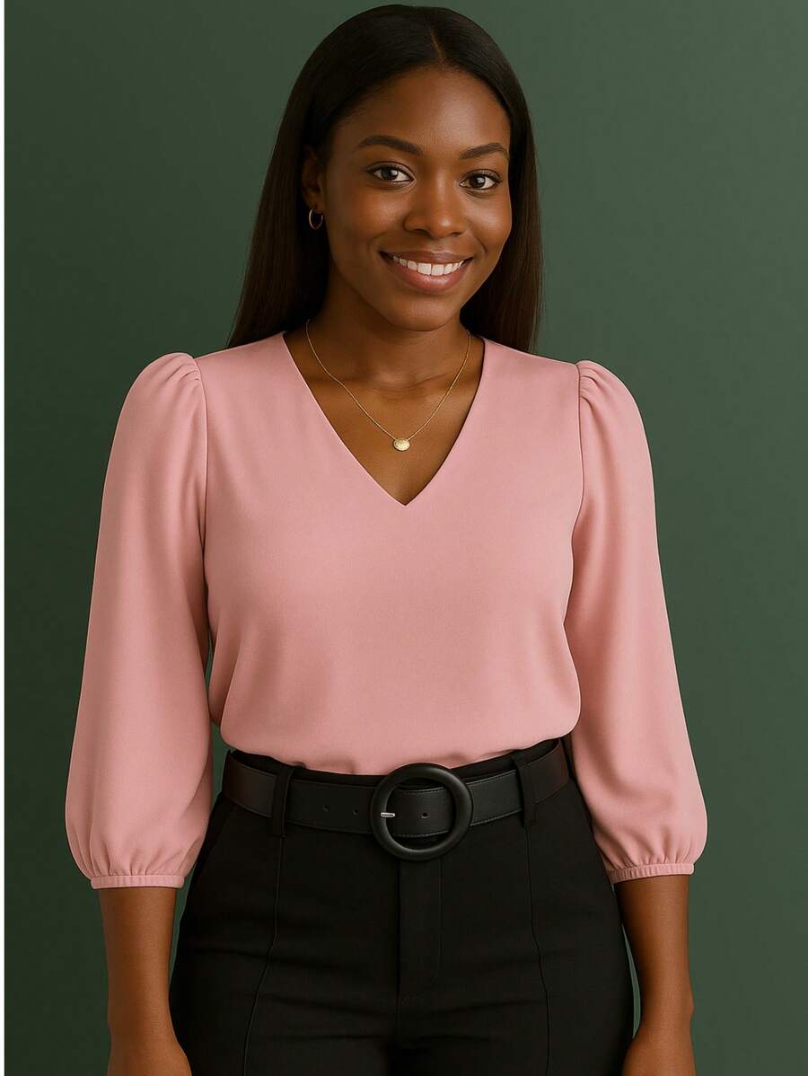 Blusa Crepe Duna Feminina com Manga 3/4 Bufante Plus Size e Slim