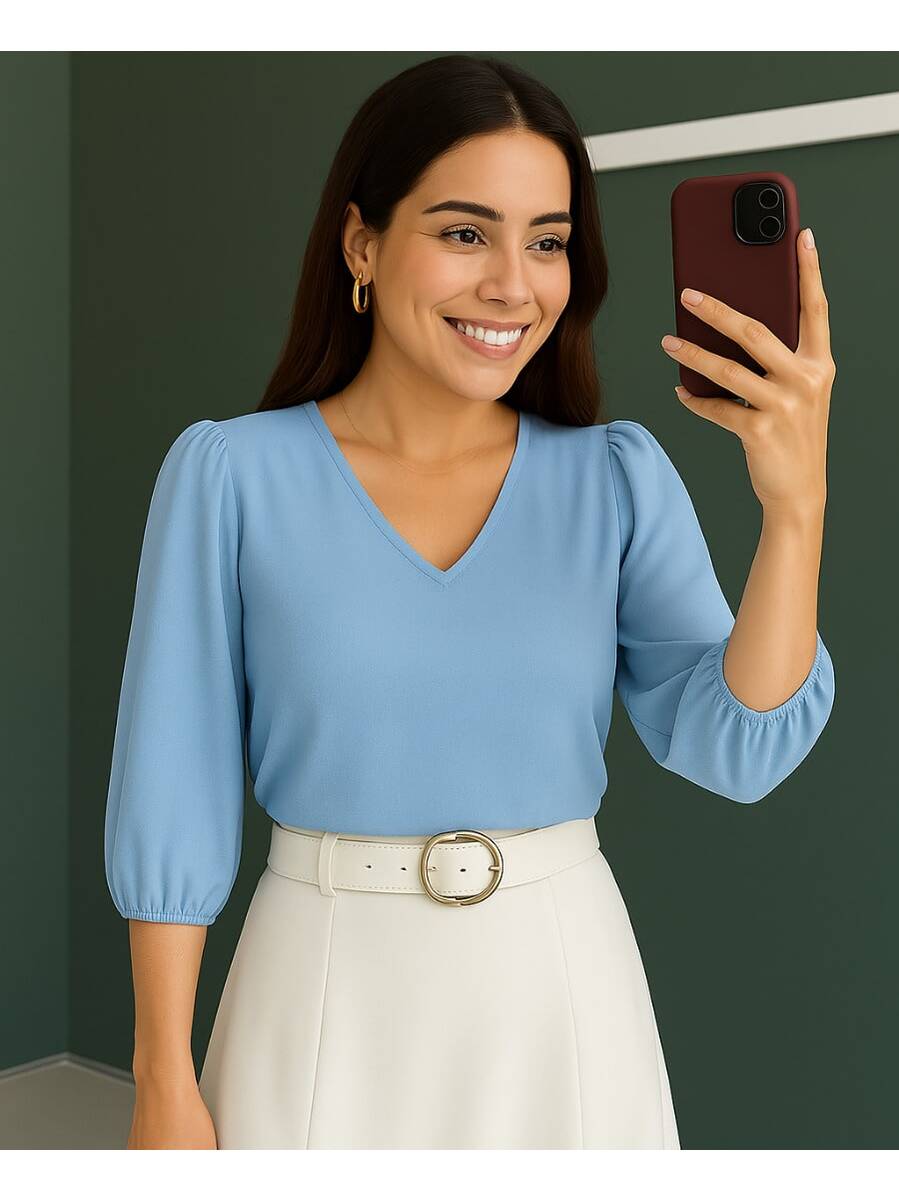 Blusa Crepe Duna Feminina com Manga 3/4 Bufante Plus Size e Slim