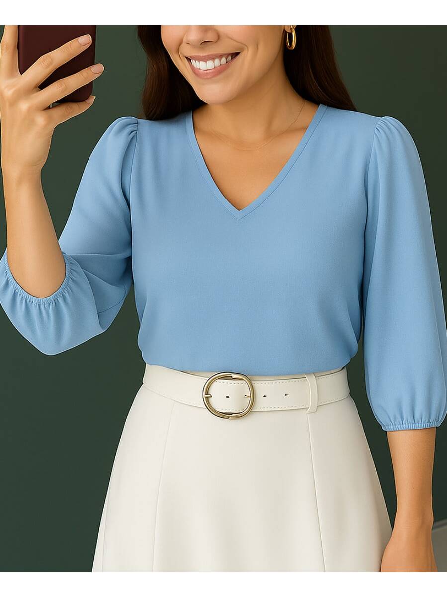 Blusa Crepe Duna Feminina com Manga 3/4 Bufante Plus Size e Slim