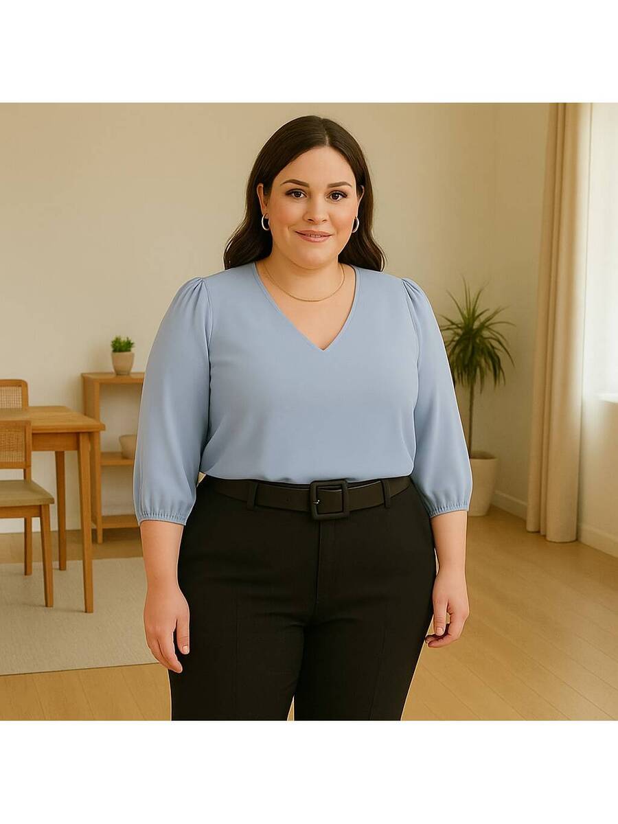 Blusa Crepe Duna Feminina com Manga 3/4 Bufante Plus Size e Slim