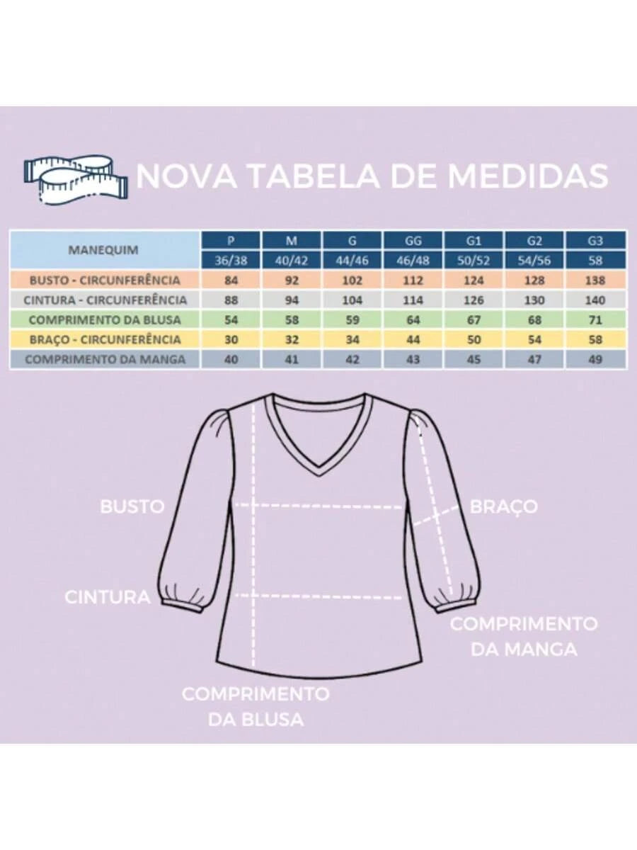 Blusa Crepe Duna Feminina com Manga 3/4 Bufante Plus Size e Slim