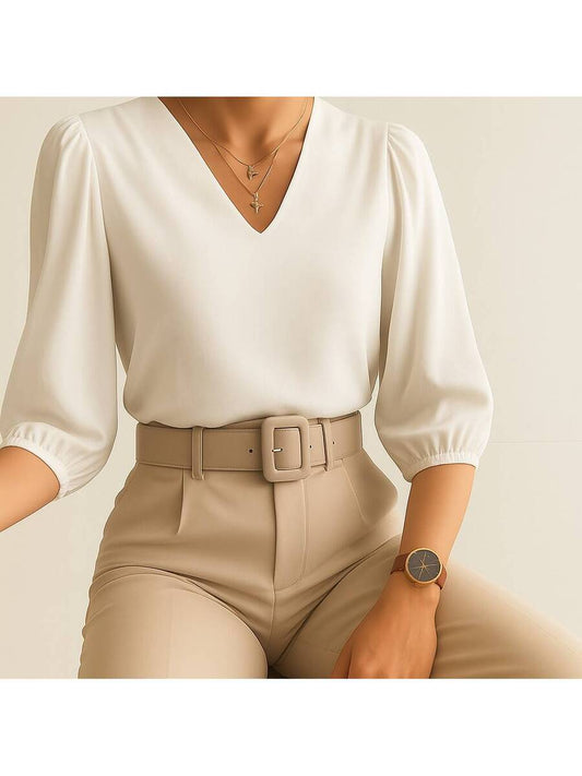 Blusa Crepe Duna Feminina com Manga 3/4 Bufante Plus Size e Slim