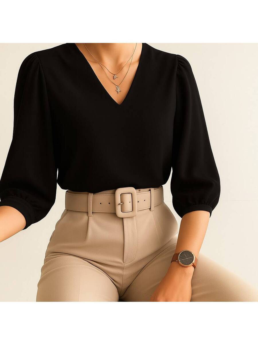 Blusa Crepe Duna Feminina com Manga 3/4 Bufante Plus Size e Slim