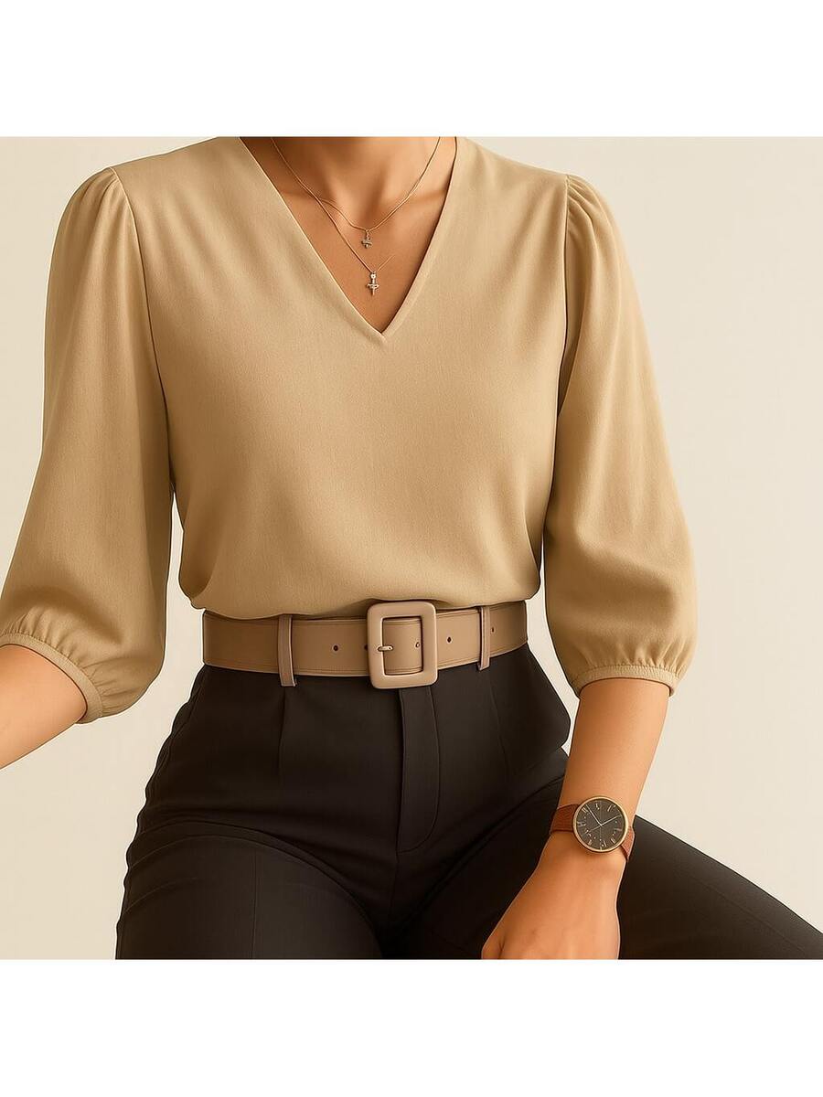 Blusa Crepe Duna Feminina com Manga 3/4 Bufante Plus Size e Slim