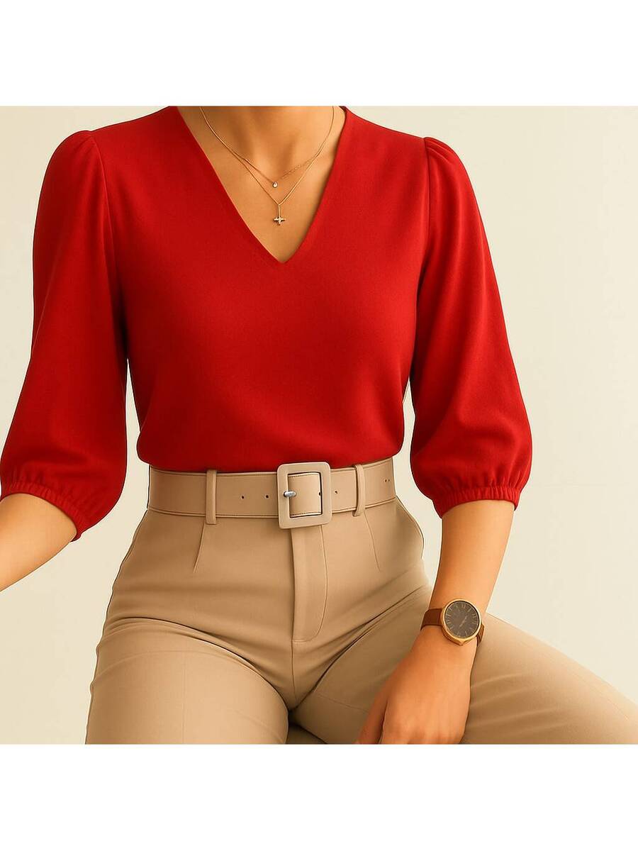 Blusa Crepe Duna Feminina com Manga 3/4 Bufante Plus Size e Slim