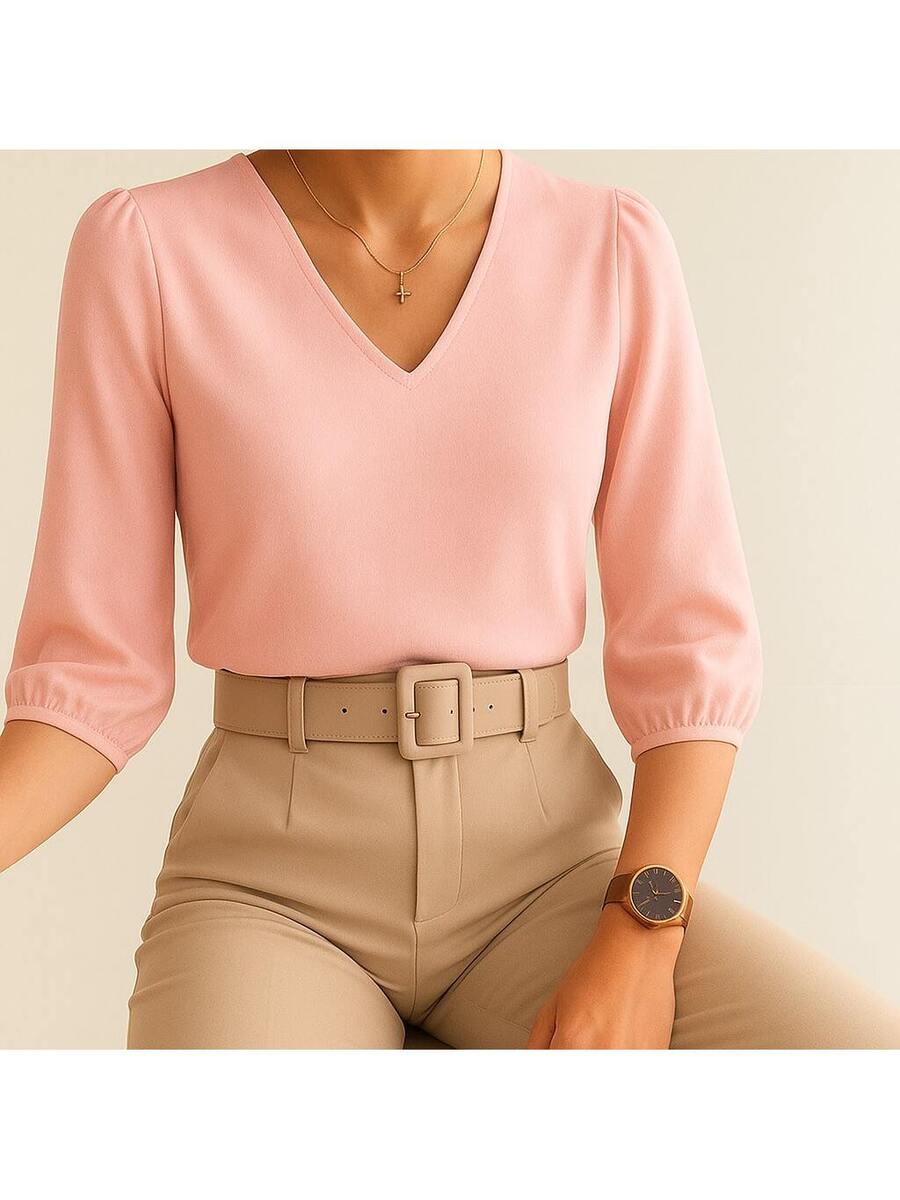 Blusa Crepe Duna Feminina com Manga 3/4 Bufante Plus Size e Slim