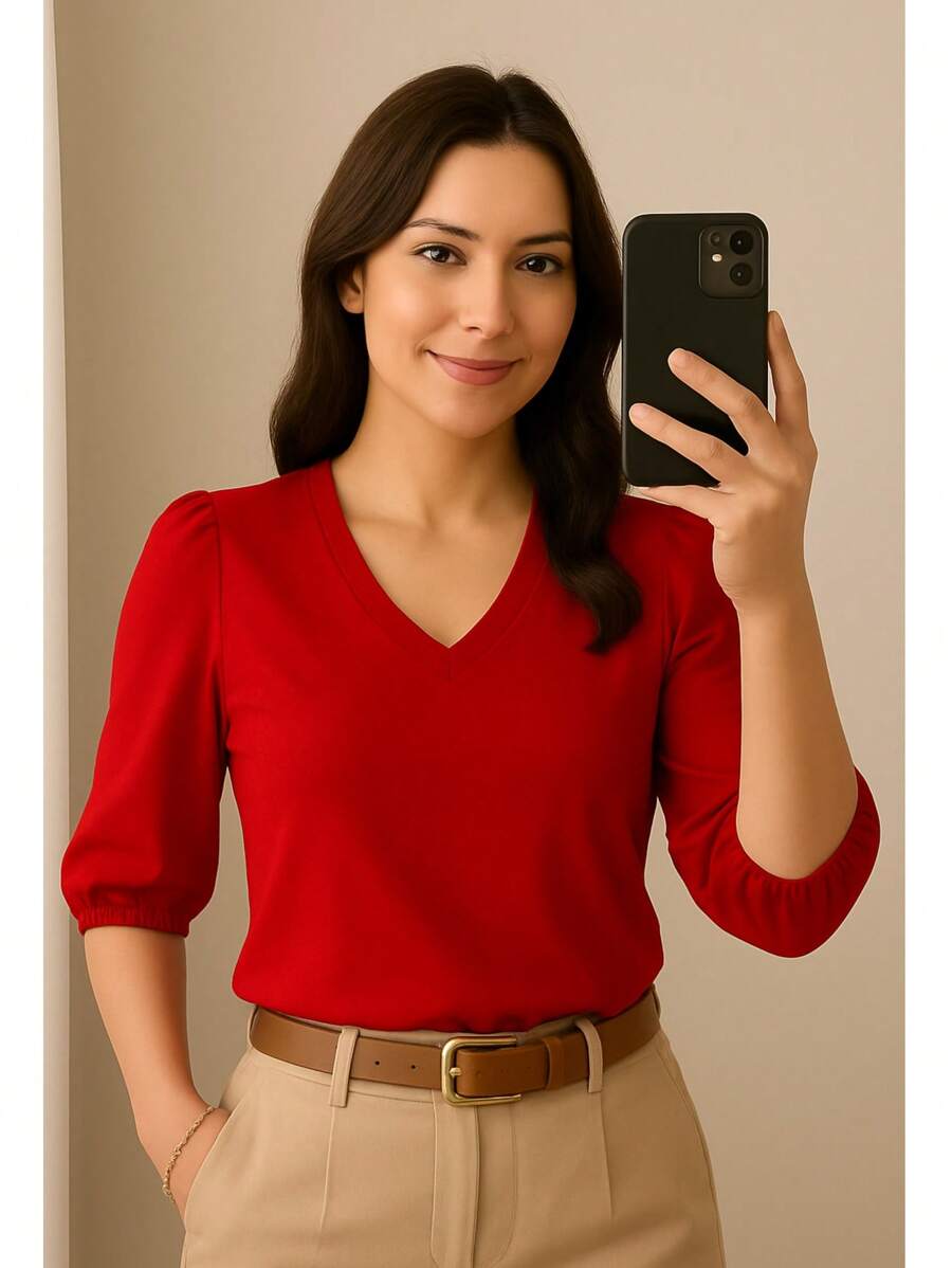 Blusa Crepe Duna Feminina com Manga 3/4 Bufante Plus Size e Slim