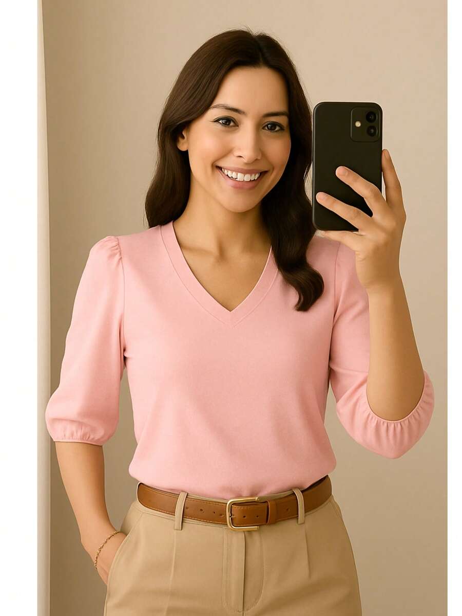 Blusa Crepe Duna Feminina com Manga 3/4 Bufante Plus Size e Slim