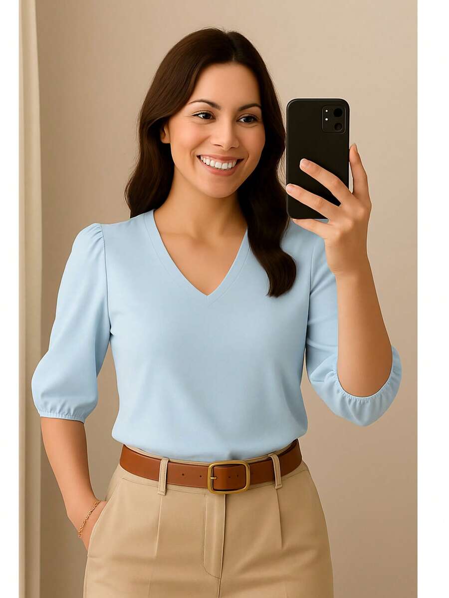 Blusa Crepe Duna Feminina com Manga 3/4 Bufante Plus Size e Slim