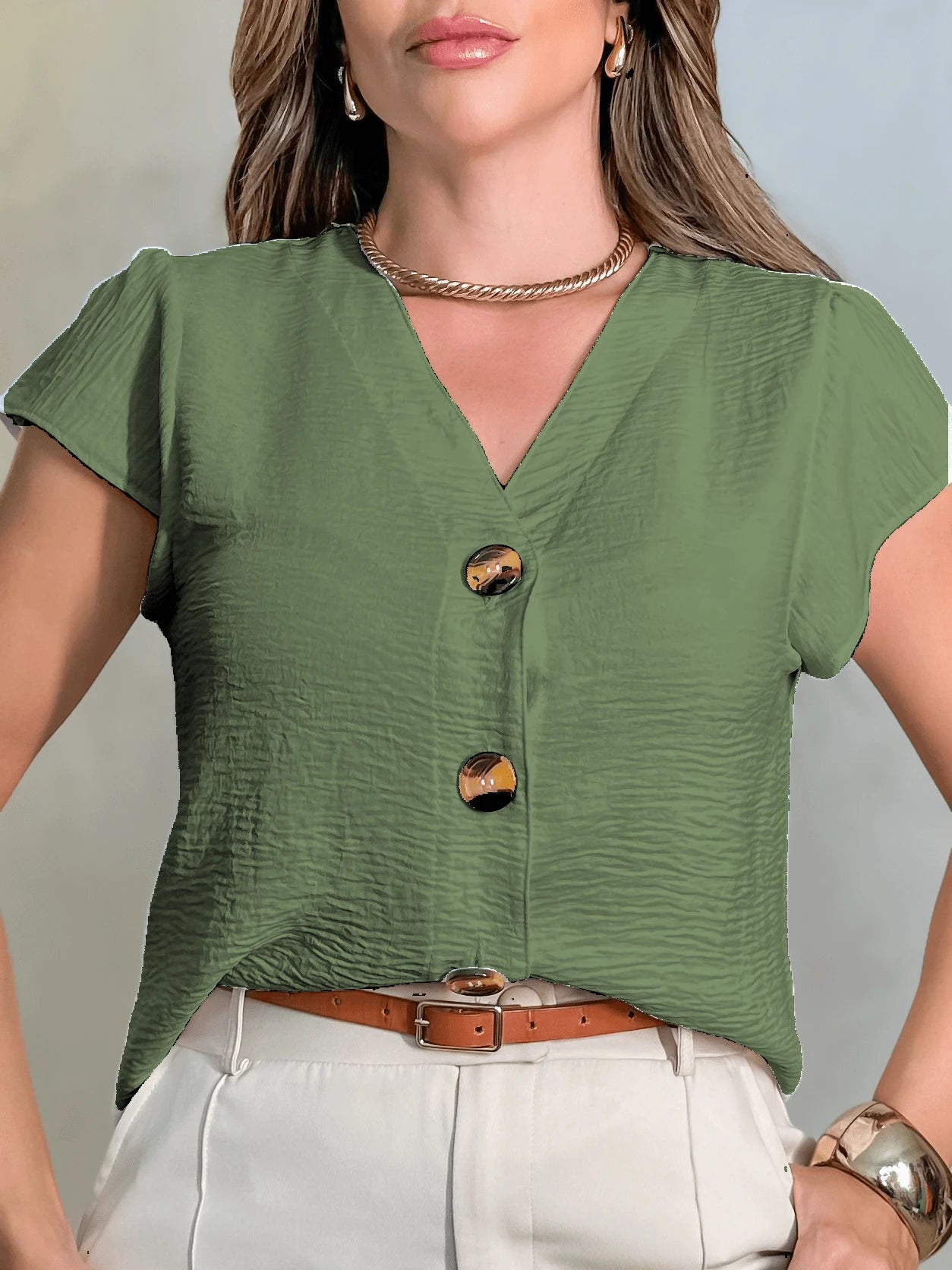 AMY FASHION Camisa Manga Curto Feminina Tecido Duna  com Botao  Lançamento 2023