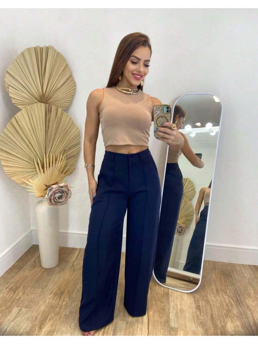 Calça Alfaiataria Feminina Cintura Alta Pantalona Social Chic